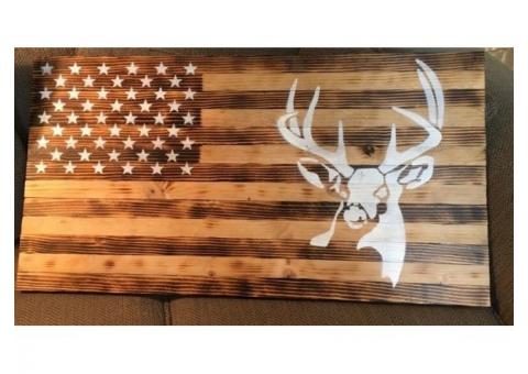 Wood American Flag w/ deer 37" X 19.5"